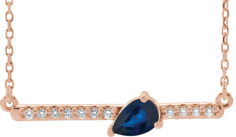14K Gold Pear Natural Blue Sapphire Accented Bar Necklace - Rose Gold