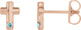 14K Gold Round Natural Aquamarine Accented Cross Earrings - Rose Gold