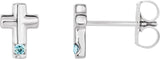 14K Gold Round Natural Aquamarine Accented Cross Earrings - White Gold