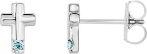 14K Gold Round Natural Aquamarine Accented Cross Earrings - White Gold