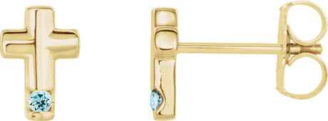 14K Gold Round Natural Aquamarine Accented Cross Earrings - Yellow Gold