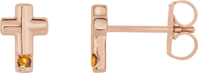 14K Gold Round Natural Citrine Accented Cross Earrings - Rose Gold