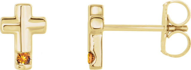 14K Gold Round Natural Citrine Accented Cross Earrings - Yellow Gold