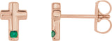 14K Gold Round Natural Emerald Accented Cross Earrings - Rose Gold
