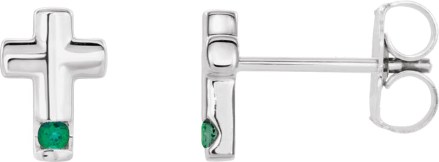 14K Gold Round Lab-Grown Emerald Accented Cross Earrings - White Gold