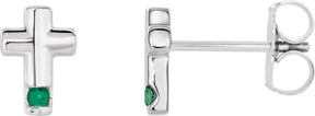 Platinum Round Natural Emerald Accented Cross Earrings