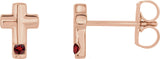 14K Gold Round Natural Mozambique Garnet Accented Cross Earrings - Rose Gold