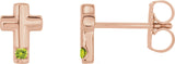 14K Gold Round Natural Peridot Accented Cross Earrings - Rose Gold