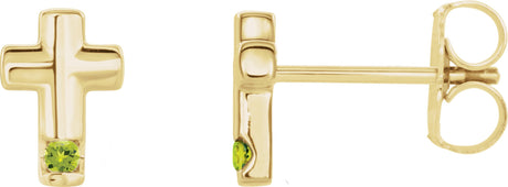 14K Gold Round Natural Peridot Accented Cross Earrings - Yellow Gold