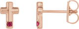 14K Gold Round Natural Ruby Accented Cross Earrings - Rose Gold