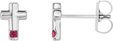 14K Gold Round Natural Ruby Accented Cross Earrings - White Gold