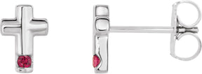 14K Gold Round Natural Ruby Accented Cross Earrings - White Gold
