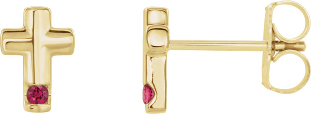 14K Gold Round Natural Ruby Accented Cross Earrings - Yellow Gold