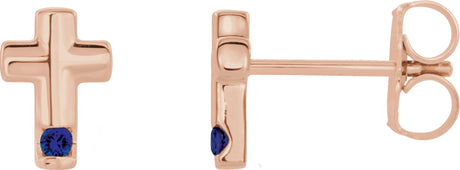14K Gold Round Natural Blue Sapphire Accented Cross Earrings - Rose Gold