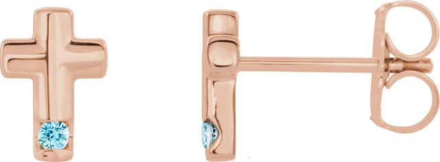 14K Gold Round Natural Blue Zircon Accented Cross Earrings - Rose Gold