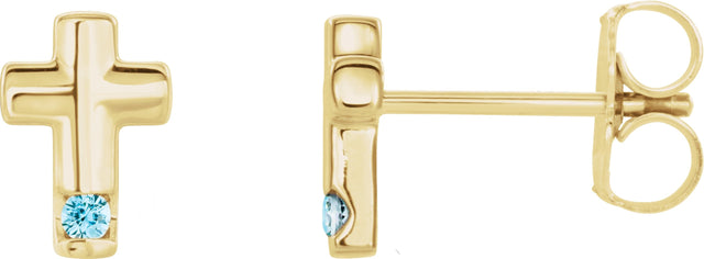 14K Gold Round Natural Blue Zircon Accented Cross Earrings - Yellow Gold