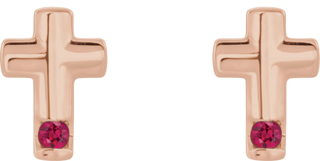 14K Gold Round Natural Ruby Accented Cross Earrings - Rose Gold - view 2