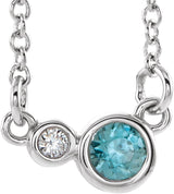 14K Gold Round Natural Blue Zircon Accented Bezel-Set Necklace - White Gold