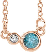 14K Gold Round Natural Blue Zircon Accented Bezel-Set Necklace - Rose Gold