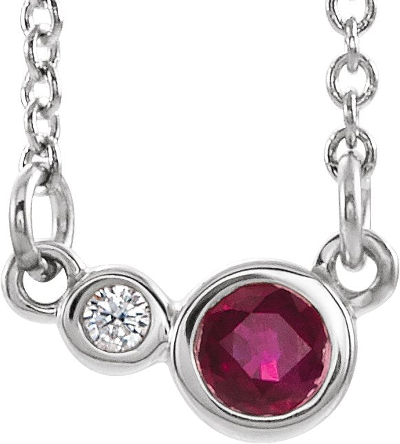 14K Gold Round Lab-Grown Ruby Accented Bezel-Set Necklace - White Gold