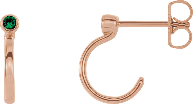 14K Gold Round Lab-Grown Emerald Bezel-Set Hoop Earrings - Rose Gold