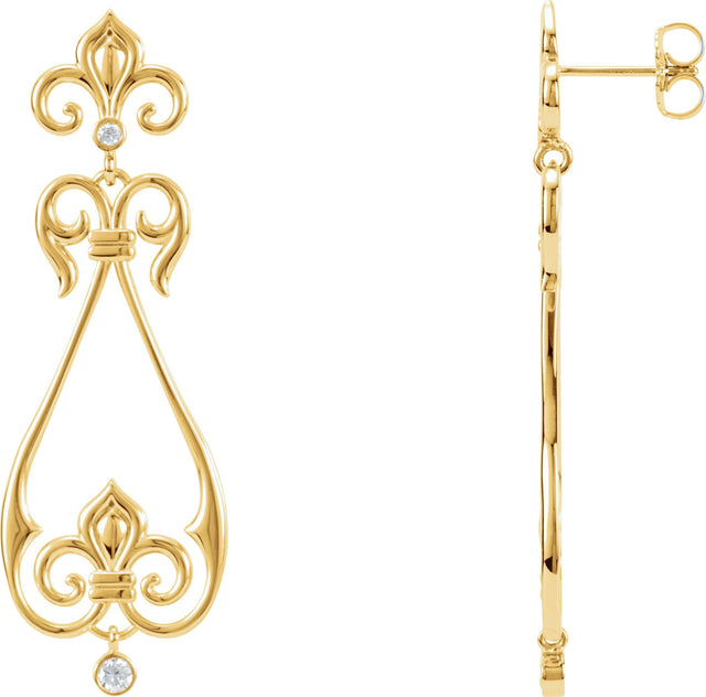 14K Gold Round Natural Diamond Fleur-de-lis Earrings – 2.5mm Stones