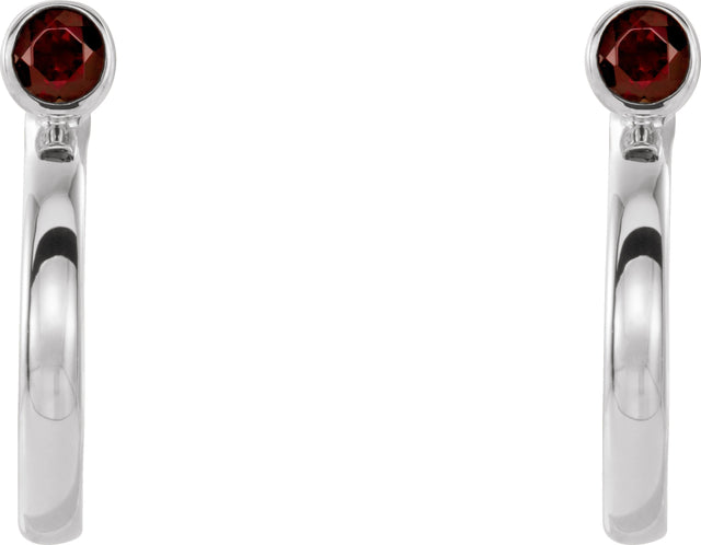 14K Gold Round Natural Mozambique Garnet Bezel-Set Hoop Earrings - White Gold - view 2