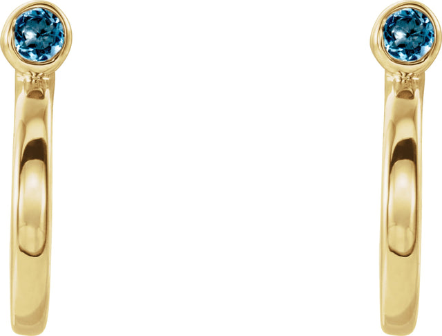 14K Gold Round Natural Aquamarine Bezel-Set Hoop Earrings - Yellow Gold - view 2