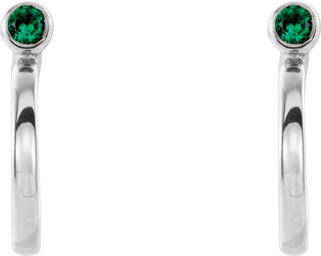 Platinum Round Natural Emerald Bezel-Set Hoop Earrings - view 2