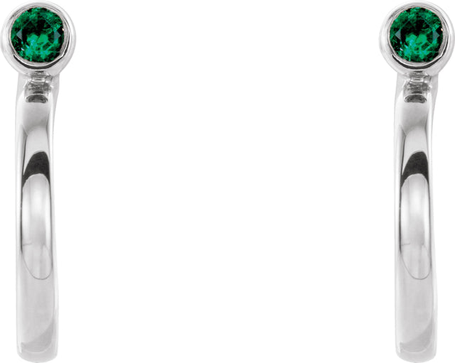 14K Gold Round Lab-Grown Emerald Bezel-Set Hoop Earrings - White Gold - view 2
