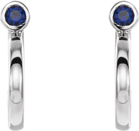 Platinum Round Natural Blue Sapphire Bezel-Set Hoop Earrings - view 2