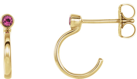 14K Gold Round Natural Pink Tourmaline Bezel-Set Hoop Earrings - Yellow Gold