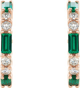 14K Gold Straight Baguette Natural Emerald Accented Hoop Earrings - Rose Gold - view 2