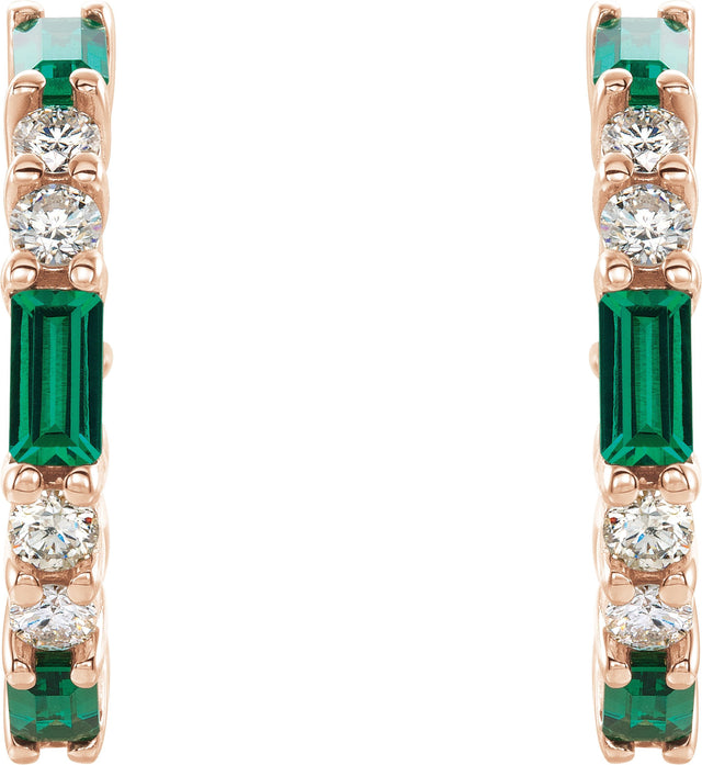 14K Gold Straight Baguette Lab-Grown Emerald Accented Hoop Earrings - Rose Gold - view 2