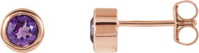 14K Gold Natural Amethyst Round Bezel-Set Birthstone Stud Earrings - Rose Gold