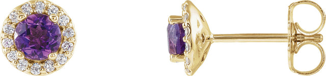 14K Gold Natural Amethyst Round 4-Prong Halo-Style Earrings – 3-6mm Stones - Yellow Gold