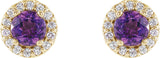 14K Gold Natural Amethyst Round 4-Prong Halo-Style Earrings – 3-6mm Stones - Yellow Gold - view 2