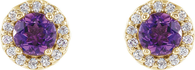 14K Gold Natural Amethyst Round 4-Prong Halo-Style Earrings – 3-6mm Stones - Yellow Gold - view 2