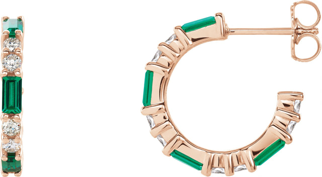 14K Gold Straight Baguette Natural Emerald Accented Hoop Earrings - Rose Gold