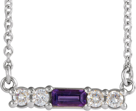 Platinum Straight Baguette Natural Amethyst Accented Bar Necklace – 1/8 CTW