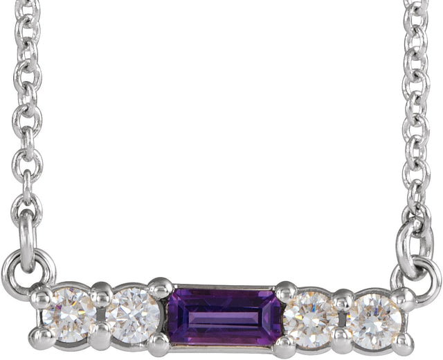 14K Gold Straight Baguette Natural Amethyst Accented Bar Necklace – 1/8 CTW - White Gold