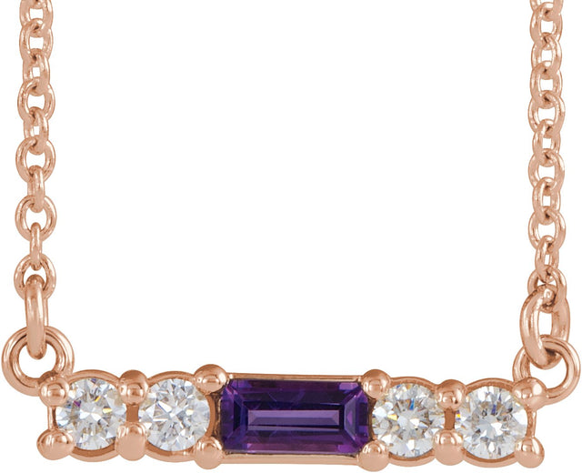 14K Gold Straight Baguette Natural Amethyst Accented Bar Necklace – 1/8 CTW - Rose Gold