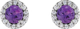 14K Gold Natural Amethyst Round 4-Prong Halo-Style Earrings – 3-6mm Stones - White Gold - view 2
