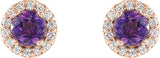 14K Gold Natural Amethyst Round 4-Prong Halo-Style Earrings – 3-6mm Stones - Rose Gold - view 2