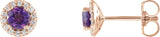 14K Gold Natural Amethyst Round 4-Prong Halo-Style Earrings – 3-6mm Stones - Rose Gold