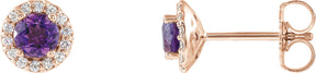 14K Gold Natural Amethyst Round 4-Prong Halo-Style Earrings – 3-6mm Stones - Rose Gold