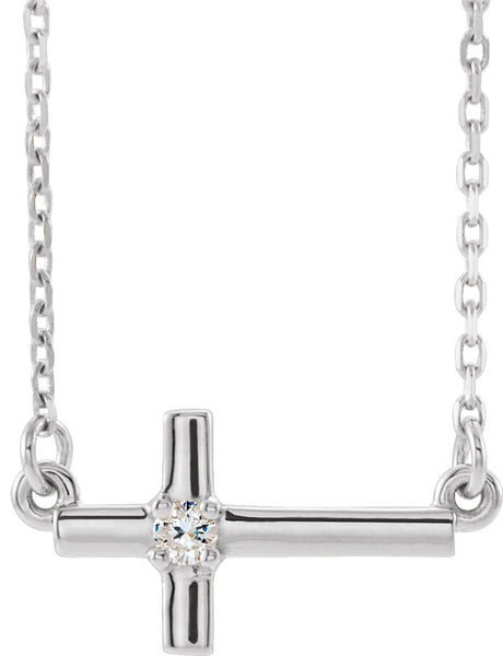 14K Gold Round Natural Diamond Sideways Cross Necklace – up to 1/10 CTW - White Gold