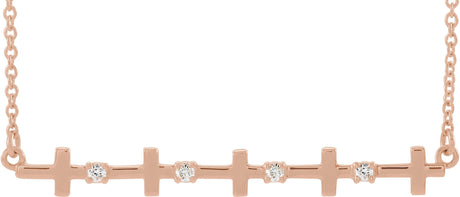 14K Gold Round Natural Diamond Cross Bar Necklace - Rose Gold