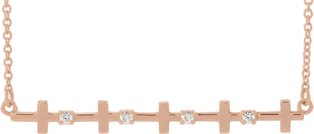 14K Gold Round Natural Diamond Cross Bar Necklace - Rose Gold