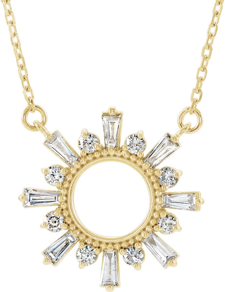 14K Gold Tapered Baguette Natural Diamond Accented Circle Necklace - Yellow Gold